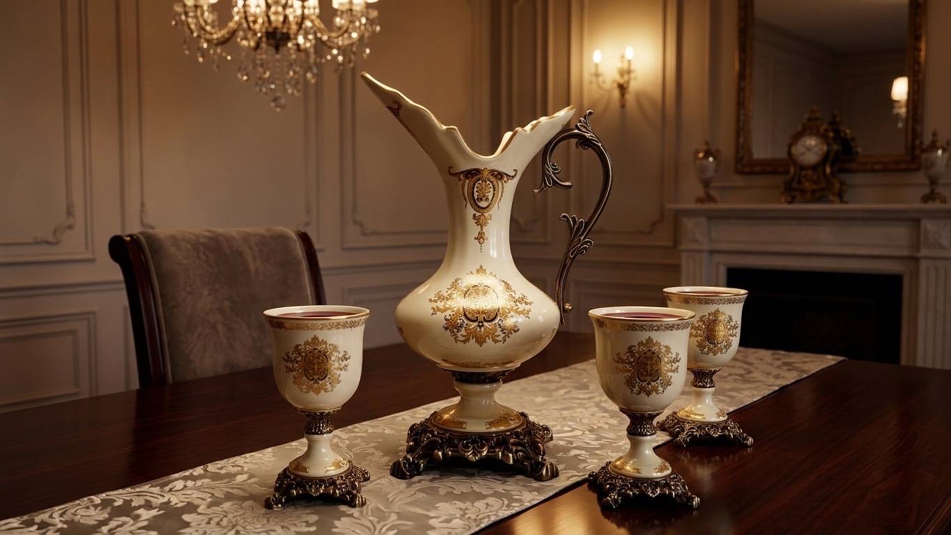 ست پارچ و جام سرامیکی با نقوش طلایی